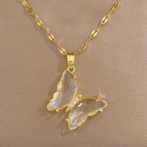 Butterfly Crystal Gold Titanium Steel Copper Plating Pendant Necklace - NEW